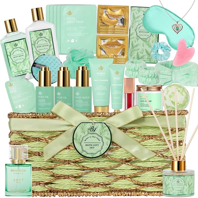 35 Pcs Mothers Day Gifts for Mom, Bath & Body Gift Basket for Women, Tea Tree Spa Gift Set, Face Skin Care Set, Self-Care Relaxation Gift, Diffuser, Birthday, Christmas, Valentines, Anniversary, Wife