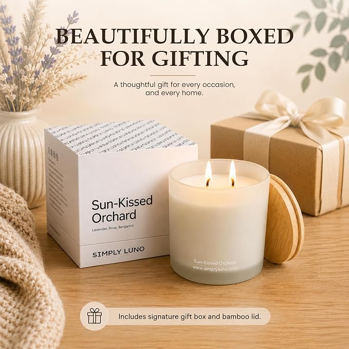 Sun-Kissed Orchard – Lavender & Rose Scented Candle Large 14oz Soy Wax– Eco Friendly & Long Lasting – 50+ Hour Burn – Reusable Jar & Bamboo Lid – Luxury Gift Box for Women