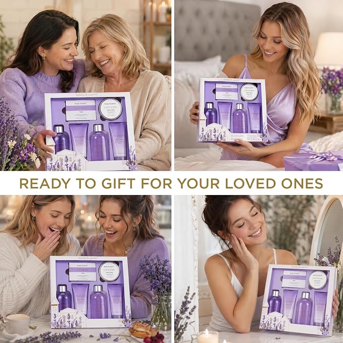 BODY & EARTH Bath and Body Gift Set - 6 Pcs Lavender Bath Kit for Women Spa Set, Birthday, Mother's Day Gift Set for Women Includes Bubble Bath, Shower Gel, Body Lotion