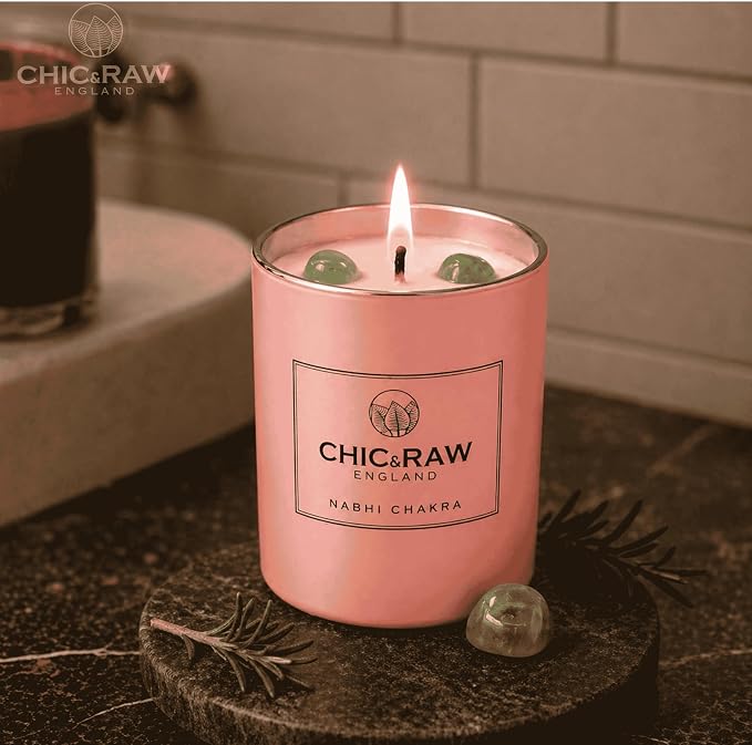 Aromatherapy Candle with Crystal Green Aventurine Nabhi, Patchouli & Bergamot - Luxury Long-Lasting Burn Soy Candle for Home Scented - Unique Healing, Meditation& Relief Gift for Women, 7.05oz