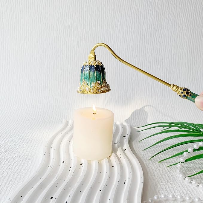 Vintage Candle Snuffer, Hand-Painted Metal Candle Extinguisher with Long Curved Handle, Artistic Floral Candle Tool for Home Decor (Turquoise)