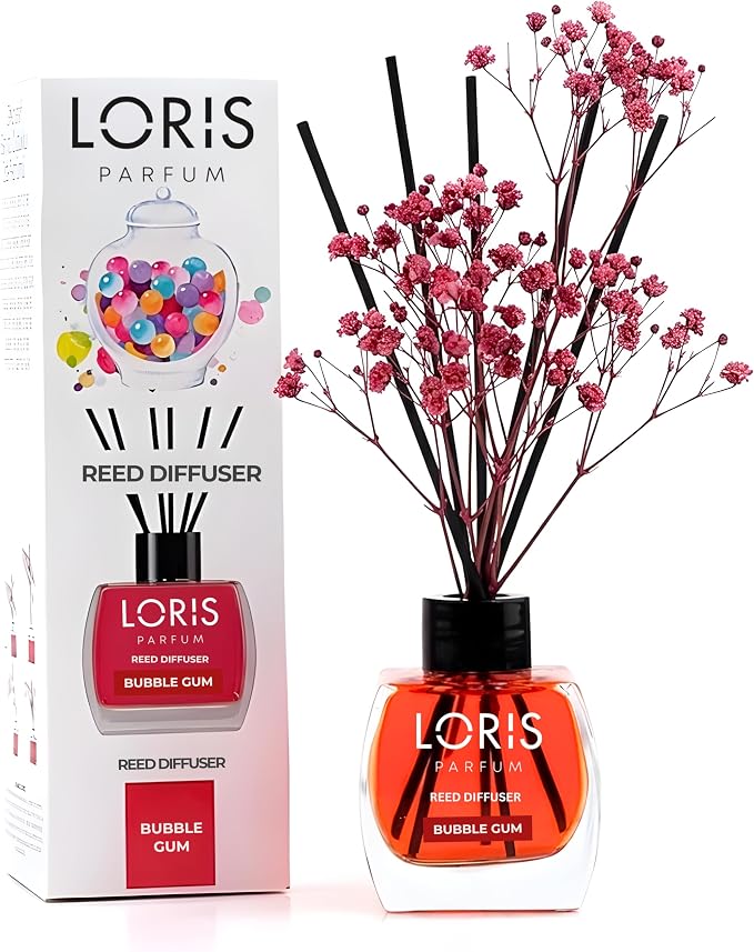 Loris Bubble Gum Reed Diffuser Set with Dried Flowers | Reed Diffusers for Home with Sticks | Bathroom Diffuser & Room Scent | Long-Lasting Home Fragrance | 120 mL / 4.06 fl oz
