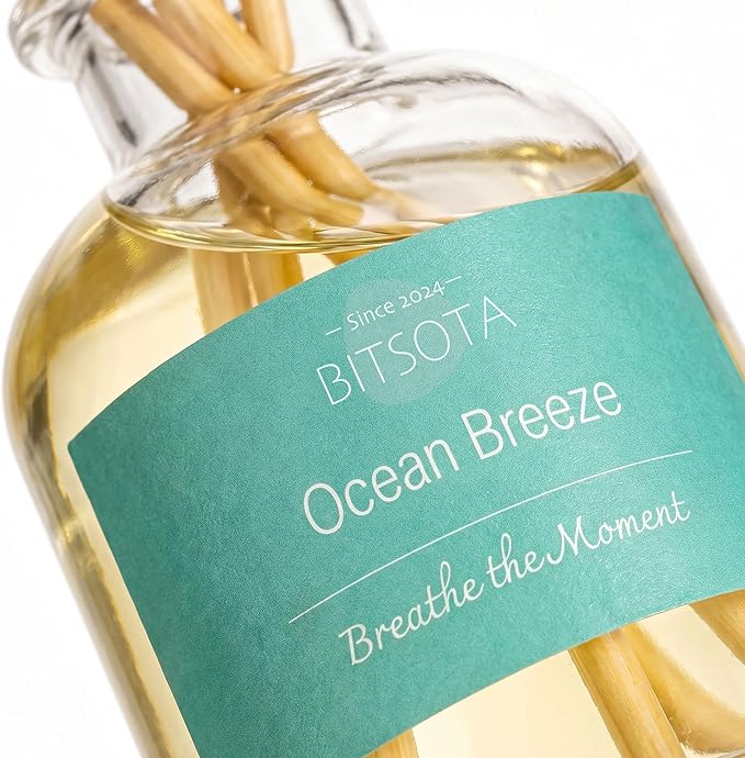 Natural Reed Diffuser Set, Ocean Breeze 3.52 oz (100ml) Scented Diffuser with Sticks Home Fragrance Reed Diffuser for Bathroom Shelf Decor, Ideal Gift for Woman