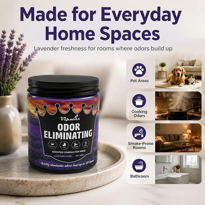 9 oz Lavender Odor Eliminating Candles for Home Scented, Eliminates 99% of Pet, Smoke, Food and Other Smells Quickly, Highly Fragranced Candle, Premium Soy Candles Set for Women