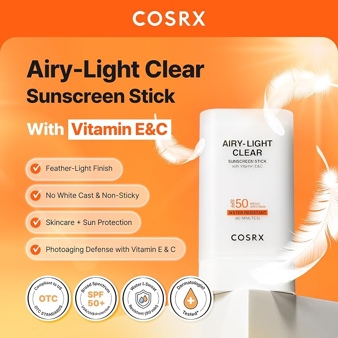 COSRX Vitamin E Sunscreen & Airy Light Sunscreen Stick with Free Keyring, Amazon Exclusive, Korean Sunscreen for Oily Skin, Beach Essentials, Summer Travel Essentials, Korean Skin Care Set