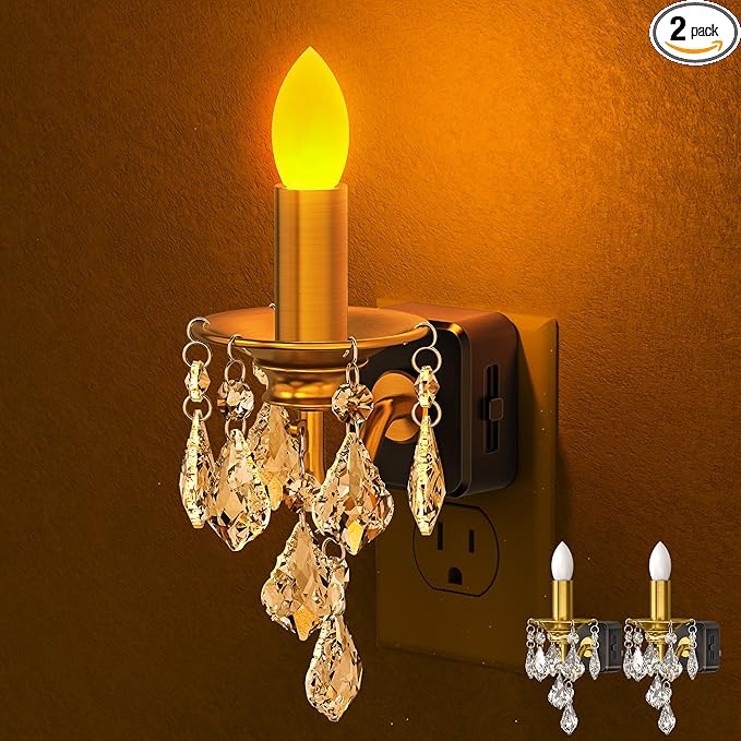Candle Night Lights Plug into Wall, LED Amber Night Light with Dusk to Dawn Sensor, 0-100LM Dimmable, Decorative Gold Candle-Style Nightlight for Bedroom, Bathroom, Hallway, Stairway, 2 Pack