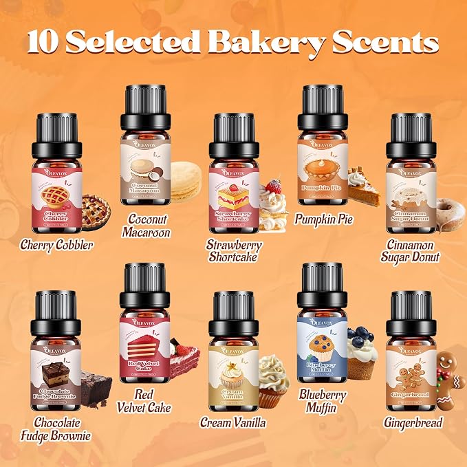 Bakery Essential Oils Set,Premium Fragrance Oil for Diffusers, Scents for Candle & Soap Making, Pumpkin Pie, Cream Vanilla, Gingerbread,Cinnamon Sugar Donut and Cake More 10x5ml,Aromatherapy Oils