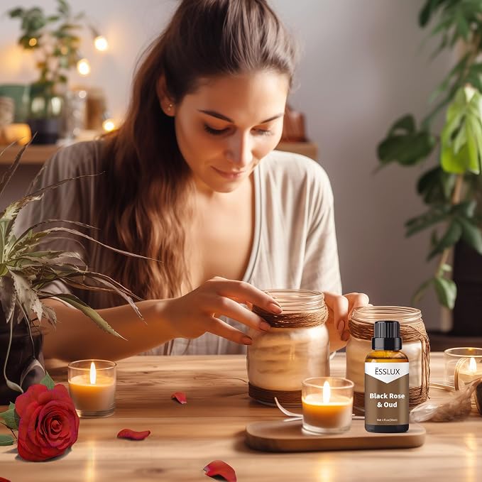 Black Rose & Oud Fragrance Oil - ESSLUX Essential Oils for Diffuser, Candle Soap Making Scents, Aromatherapy Scented Massage, Perfume for Humidifier Home Fragrance, 1 fl oz