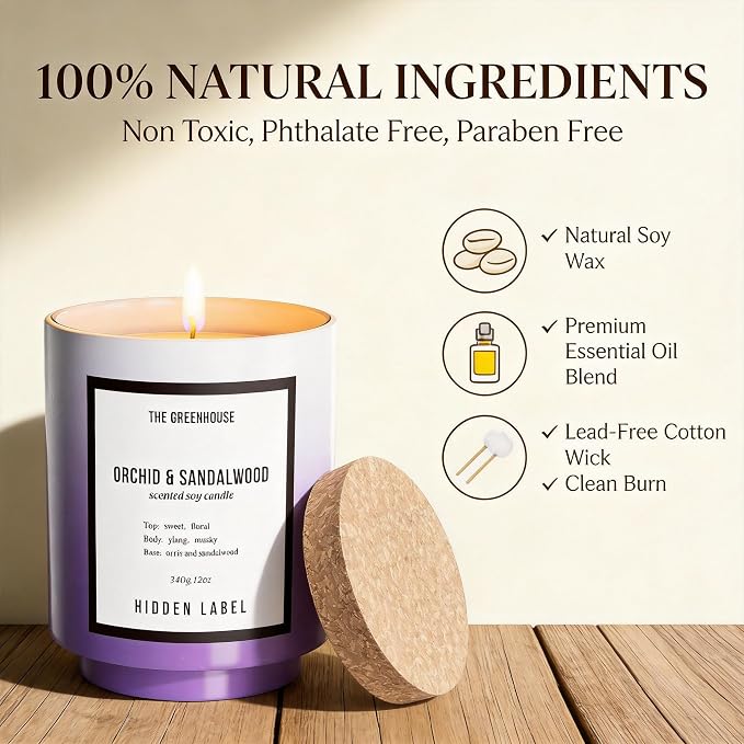 Hidden Label Orchid & Sandalwood Candle, 12oz Natural Soy Wax Non Toxic, 75H Long Lasting Aromatherapy Candle, Essential Oil Jar Candles for Home Scented, Pretty Stress Relief Meditation Gift for Her
