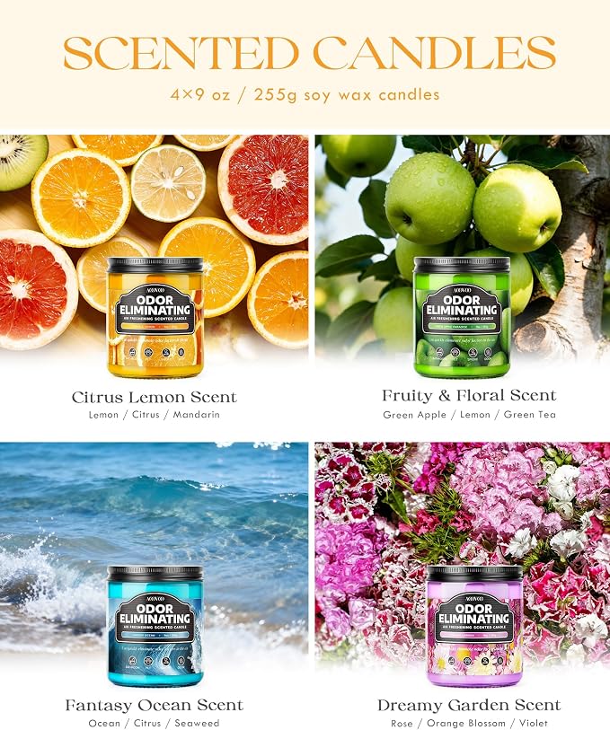 AOOVOO 4 Pack Odor Eliminating Highly Fragranced Candle - Eliminates 95% of Pet, Smoke, Food, and Other Smells Quickly, Air Freshing Soy Candle, Citrus Lemon/Ocean/Apple/Dreamy Garden