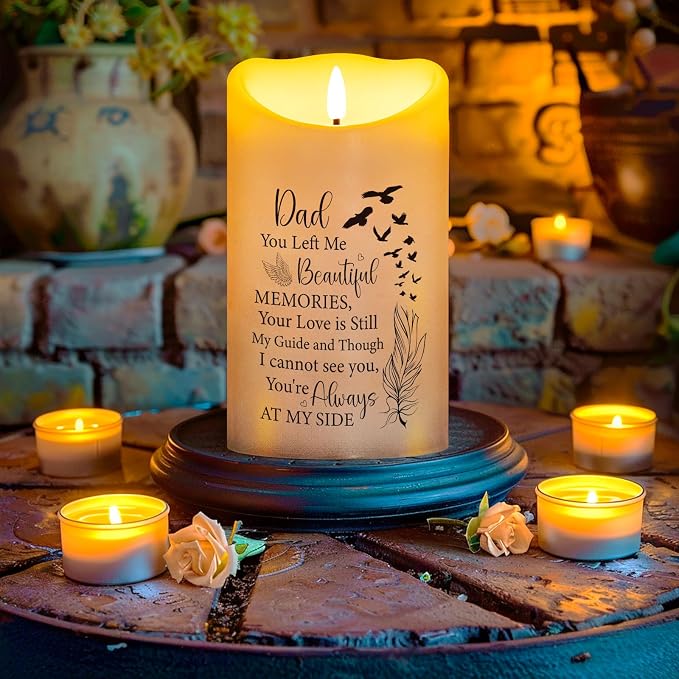 Flameless Memorial Candle, Real Wax LED Light with 10-Key Remote Sympathy Gift Bereavement Gifts for Loss of Loved One Memorial Gifts for Loss of Father Remembrance Gifts (4" x 7")