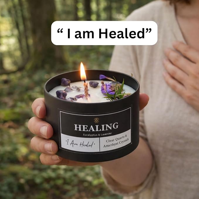 Healing Crystals Candle for Meditation & Room Decor, 8oz, Aromatherapy Candle with Clear Quartz and Amethyst, Eucalyptus & Lavender Essential Oil Scented Candles, Non Toxic Candles for Stress Relief
