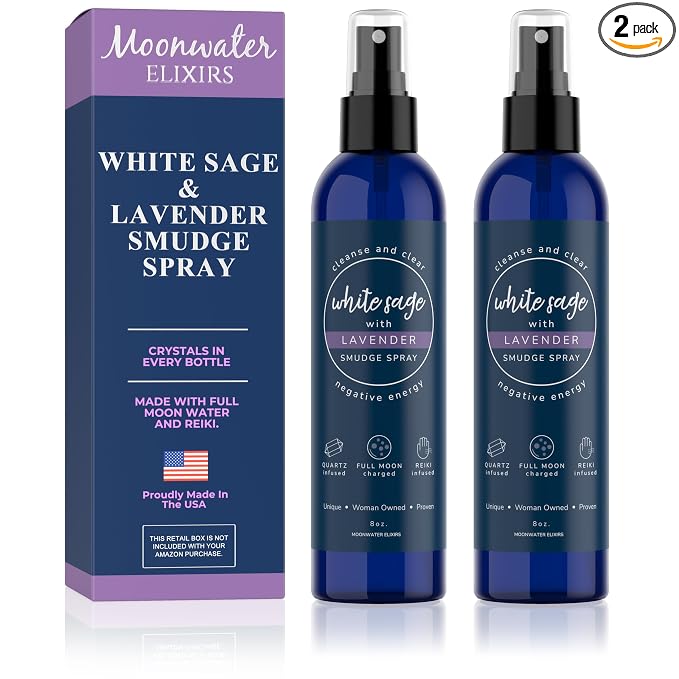 White Sage Smudge Spray for Spiritual Cleansing & Aura Protection, Sage & Lavender Smudging - Cleansing Negative Energy & Protection, Clear Quartz Reiki Energized Aromatherapy Room Mist 2X 8oz