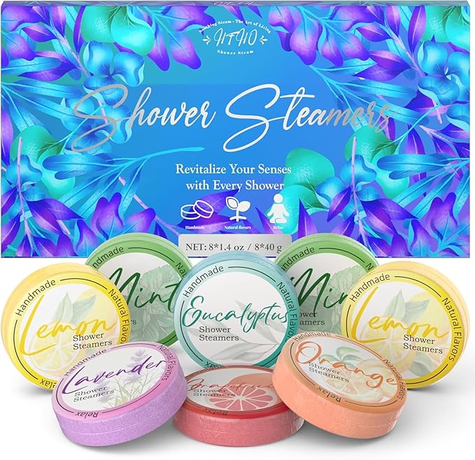 Shower Steamers Aromatherapy 8 Pack - Natural Essential Oil Shower Bombs for Self Care, Relaxation Birthday Gifts for Women and Men. Azure Floral Style