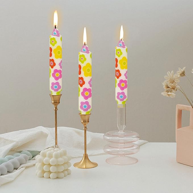 7 inch Short Candle Floral Candle Sticks Printed Candlestick Handmade Unscented Taper Candle 4 Pack Colorful Flower Tapered Candles for Home Dinner Wedding Holiday