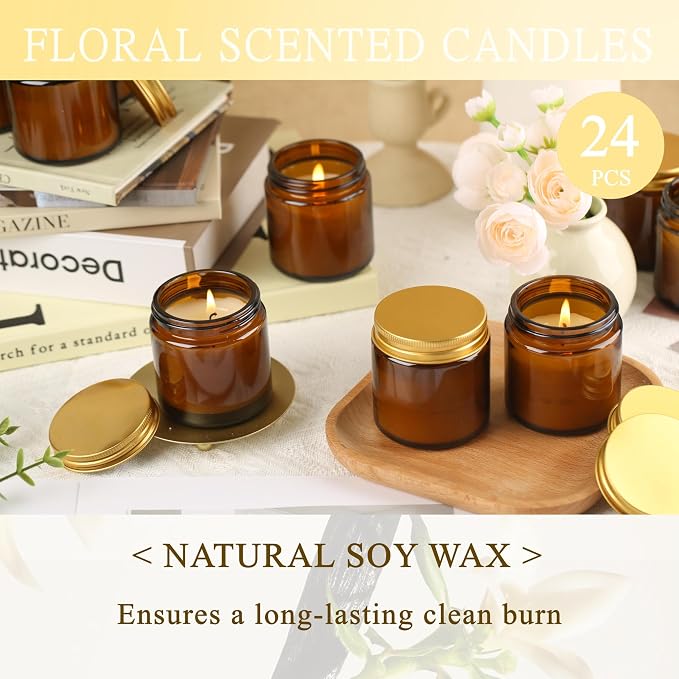 24 Pcs 4 Oz Mason Jar Candles, Vanilla Scented Soy Candles Bulk Set for Stress Relief and Relaxation, Great Favors for Wedding, Christmas, Housewarming Gifts (Gold,Amber Glass, Vanilla, 24)