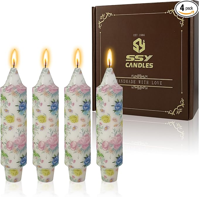5 inch Short Candle Floral Candle Sticks Printed Candlestick Handmade Unscented Taper Candle 4 Pack Beautiful Flower Tapered Candles for Home Dinner Wedding Holiday