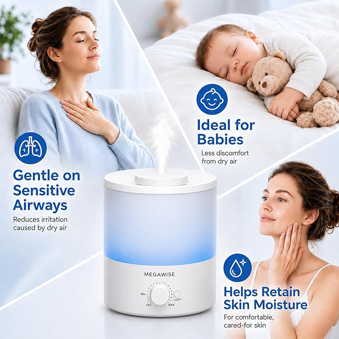 MegaWise Ultrasonic Cool Mist Humidifier SK7620 - 1.5L Capacity, Whisper-Quiet Operation, Adjustable Mist Output, Auto Shut-Off - Ideal for Home, Office, Baby Room, and Bedroom