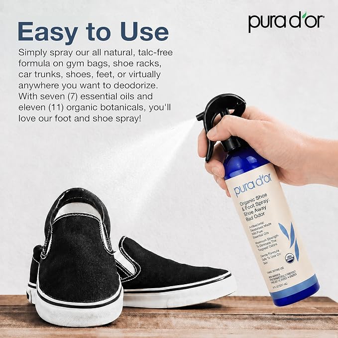 PURA D'OR Organic Shoe & Foot Odor Eliminator Spray (8oz) Deodorizes & Removes Bad Smells with Eucalyptus, Peppermint, Tea Tree, Lemongrass Essential Oil, Maximum Strength (Packaging may vary)
