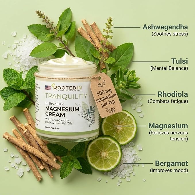 Rooted In 2X More Magnesium Cream – Stress Relief & Sleep with Ashwagandha – Calming Body Lotion for Women – Topical Magnesium Chloride, US Made – 4oz