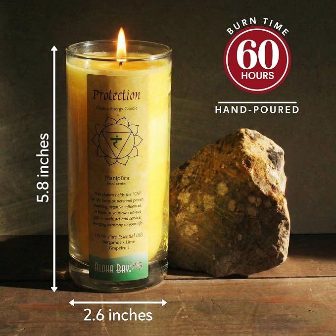Premium Scented Candle Hand Made Chakra Energy Jar | 11 Oz Jar | Protection, Manipura| Yoga, Prayer & Meditation Candle | Long Burn 60 Hours | Essential Oils of Bergamot, Lime & Grapefruit | Aloha Bay