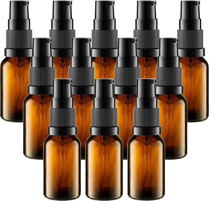VitalUp 12 Pack Empty Refillable Glass Amber Pump Bottle Ideal for Lotion Cream Essential Oil Travel Small Container, 15ml