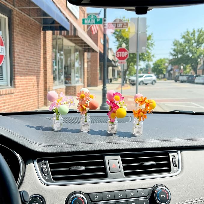 CusDusk 4 Pcs Flowers with Ballons Car Vent Clips, Cute Daisy Plants Vase Air Conditioning Outlet Clip with Fragrance Pads, Charm Scent Perfume Automotive Interior Decorations for Women