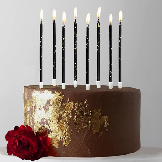 24-Count Black & Gold Birthday Candles, 5.5 Inch Long Thin Cake Candles for Wedding, Celebration, Birthday Party Cake Cupcake Decorations