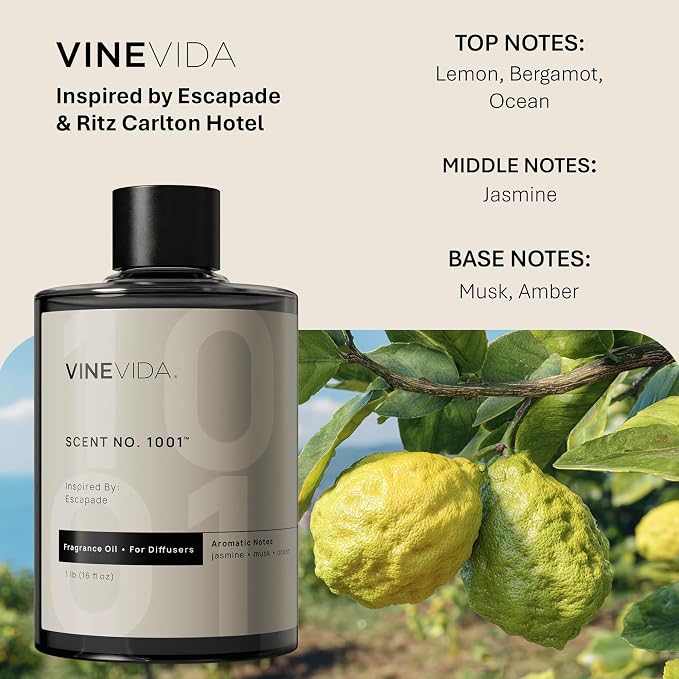 VINEVIDA [16 Fl Oz] Scent NO.1001 Inspired by Escapade Fragrance Oil for Cold Air Diffusers, Aromatic Notes of Jasmine Ocean Musk, Essential Oils for Diffuser Oil Refill & Air Freshener Room Spray