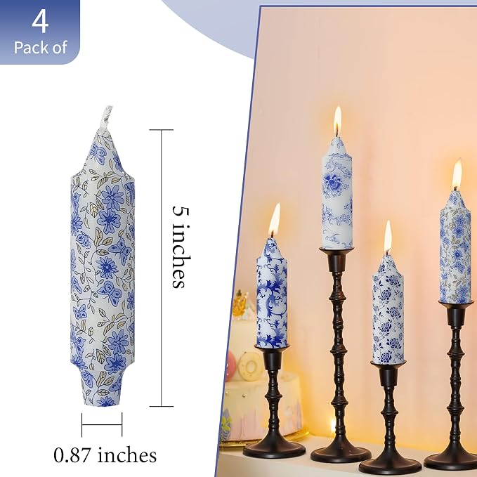 5 Inch Blue and White Short Taper Candles Hand Poured Smokeless Unscented Porcelain Style Chinoiserie Floral Candles for Wedding Nautical Dinner Home Decor Housewarming Gift Mother's Day Meditation