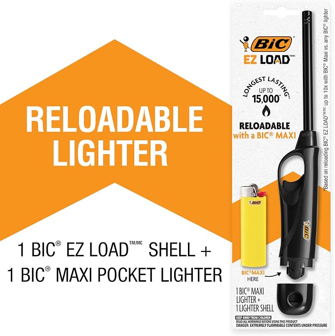 BIC EZ Load Lighters, Reloadable Multi Purpose Lighter, Assorted Colors, Pack with 2 EZ Load Long Lighter Shells and 2 Maxi Pocket Lighters (Colors May Vary)