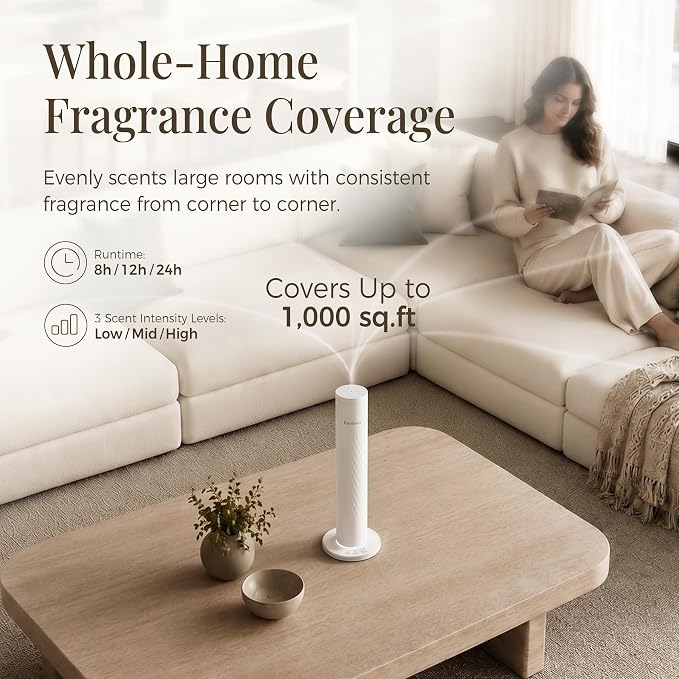 Waterless Scent Diffuser with 5 Essential Oils Starter Kit, Cold Air Diffuser Up to 1000 Sq.ft for Large Room, Home Office, Hotels,Spas, Cordless Scent Machine with App Control, Mood Light