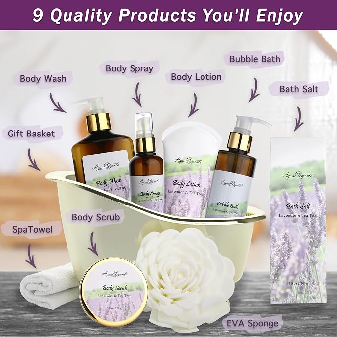 Aqua Elegante Spa Gift Basket - Luxury Bath Set with Body Wash, Bubble Bath, Lotion, Salts, Scrub, Spray, Shower Puff, Towel, Gifts for Women, Mom, Wife, Her - Lavender & Tea Tree Oil