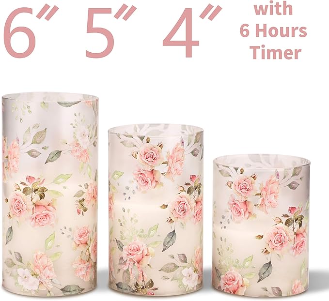 Rose Flameless Candles with Remote Real Wax Blinks Glass Battery Operated Candles - Home Party Wedding Thanksgiving Christmas Summer Decor - Set of 3