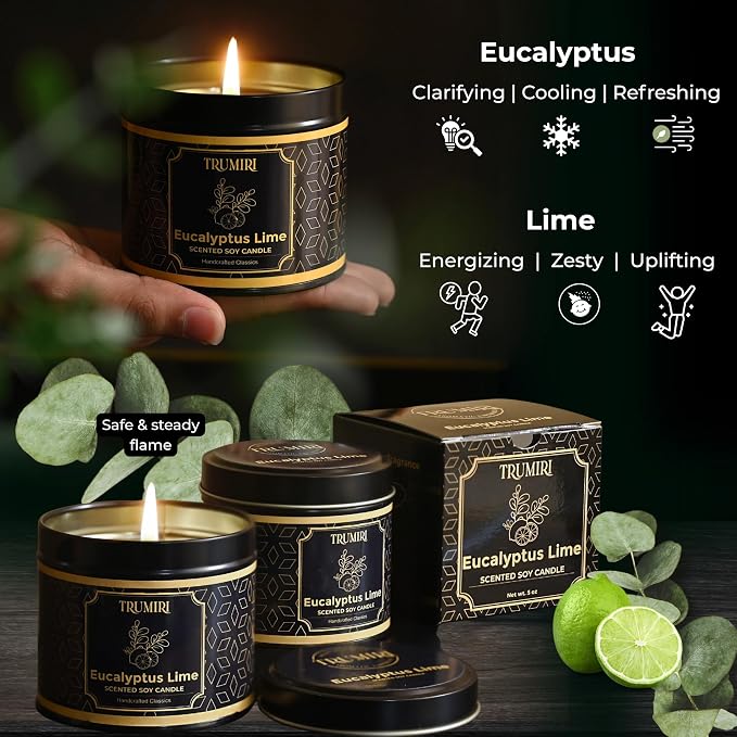 Eucalyptus Candle with Lime Strong Scented Soy Candel Natural Non Toxic Velas Aromáticas for Home Gift for Fall Christmas Holidays Pack of 3 5Oz Decorative Tin Jars with Lids