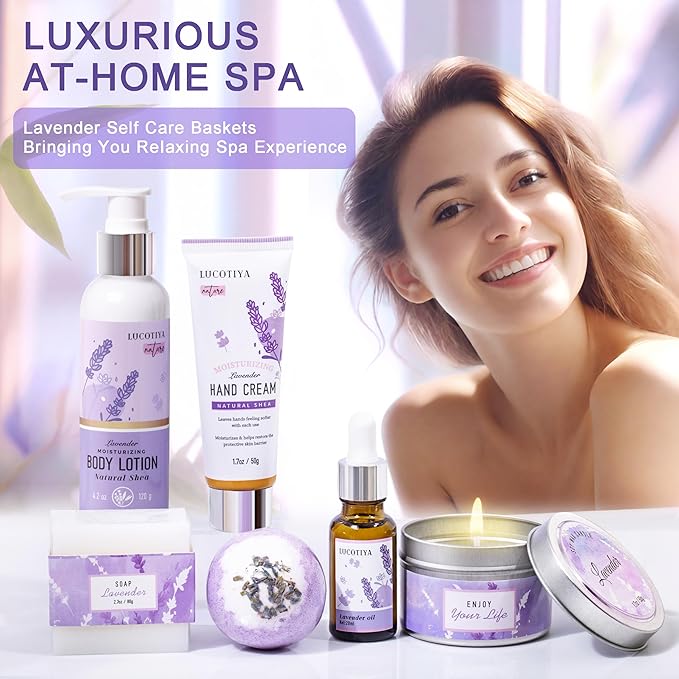 Lavender Spa Bath and Body Gift Set - Relaxing Self Care Baskets for Women - Birthday Gifts for Her, Sister, Mom, Wife
