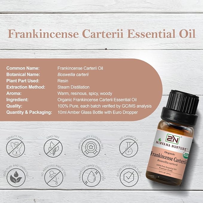 Frankincense Carterii Essential Oil, USDA Certified Organic, 100% Pure Undiluted, Aromatherapy Oil for Diffuser, Hair & Skin Care