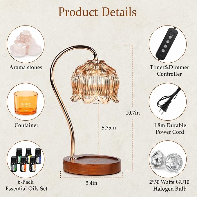 Funistree Flower Candle Warmer Lamp with Essential Oils Gift Set, Dimmable Candle Lamp Warmer with Timer, Wax Melter Lamp with Diffuser Stones, Christmas Birthday Gifts for Women Mom Wife Her