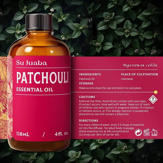 SU JUABA Patchouli Essential Oil 4 Fl Oz, Aromatherapy Oil for Diffuser, Skin Care, Perfume & Soap Making - 118ML