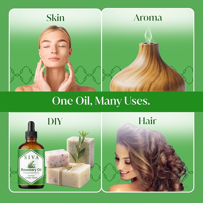 Siva Rosemary Essential Oil 4 Fl Oz – for Diffuser, Skin & Hair Care – Ideal for Aromatherapy, Massage & DIY Blends- with Dropper