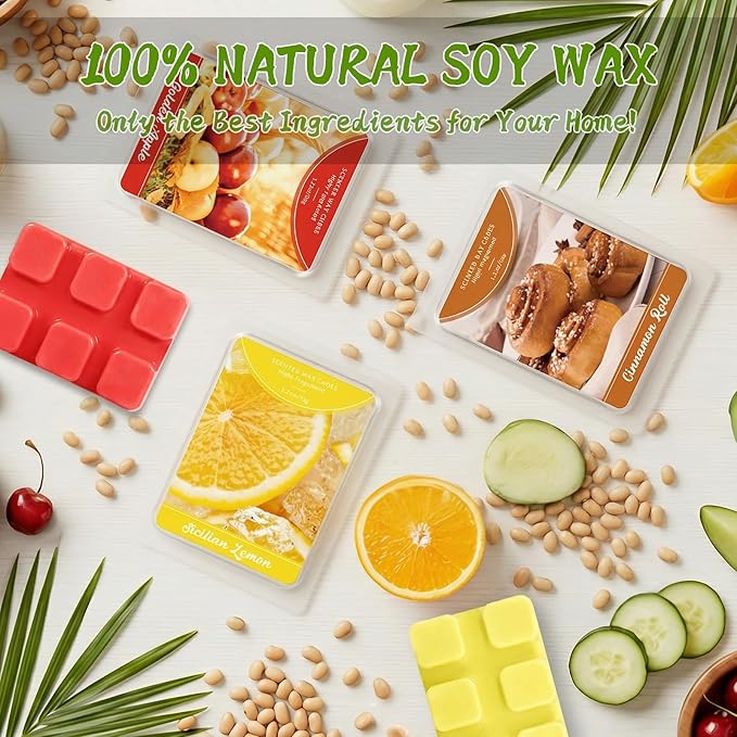 SCENTORINI Wax Melts Summer Scent, Scented Wax Cubes, Soy Candle Wax Tarts for Wax Warmers, Sicilian Lemon, Golden Apple, Vanilla Cake, Cinnamon Roll, Salted Caramel Cream, Marshmallow Dreams