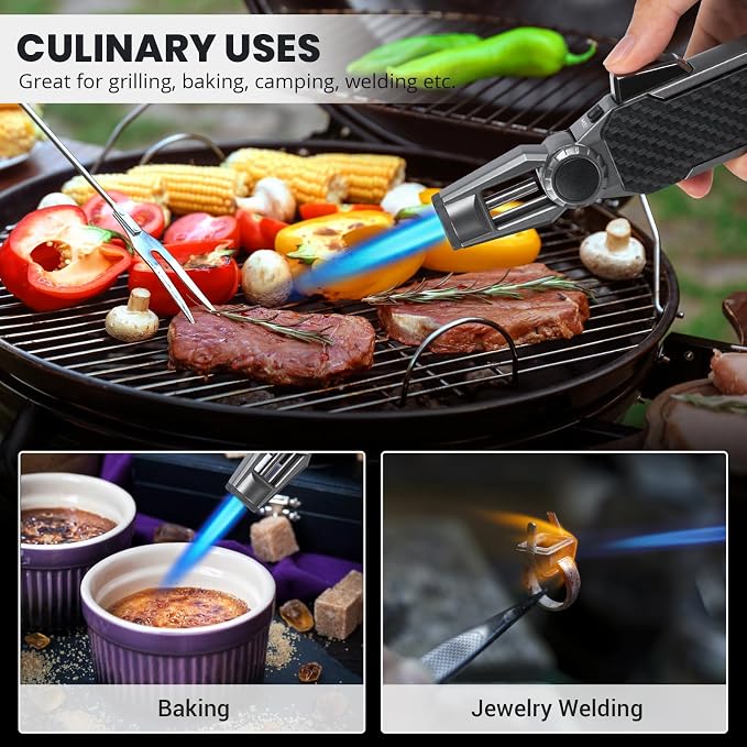 Butane Torch Lighter, Refillable Gas Lighter Cooking Torch, Adjustable Kitchen Torch with Safety Lock - Windproof Jet Flame Blue Fire for Camping Baking BBQ Grill Candle (Gas Not Included)
