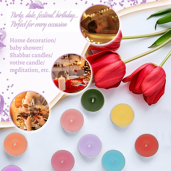 Lilac Scented Tealight Candles, Purple Scent Tea Lights Candles Clear Cup, 24 Pack Colored Tealights Candle, 6 Hour Burn Time Tea Candles for Party, Decor, Spa, Shabbat