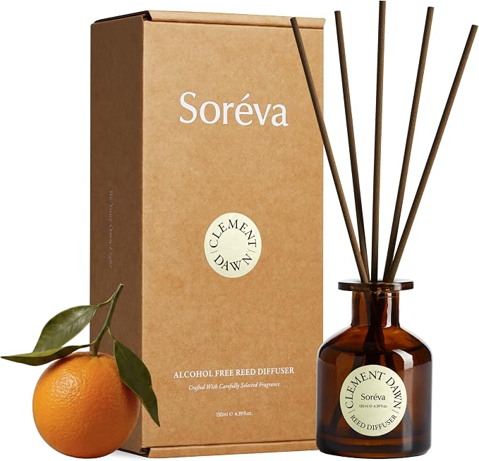 Soréva Luxury Reed Diffuser Set, Uplifting Citrus, Blood Orange & Jasmine, Plant-based Essential Oils, 120-Day Mindful Aromatherapy Home Fragrance for Bathroom & Office, Gift Set, 7 Sticks, 4.39 fl oz