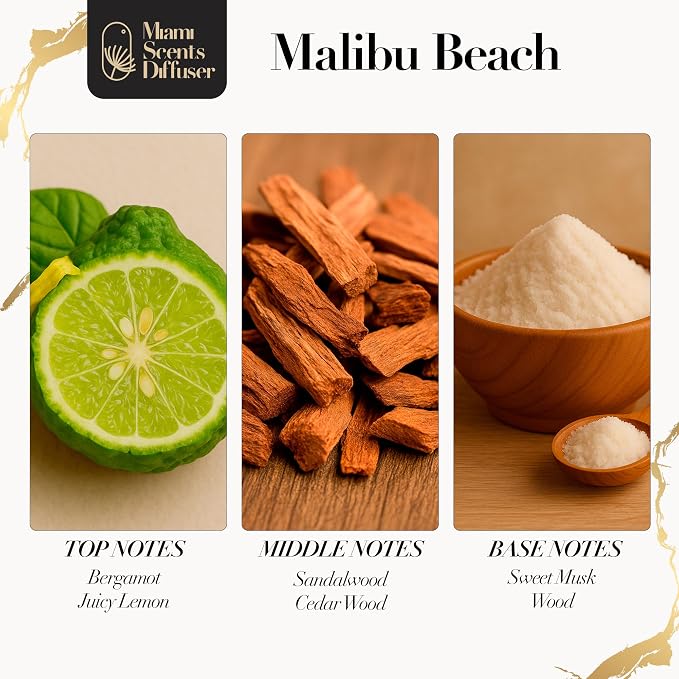 Malibu Golden Coast Essential Oil Refill Luxury Hotel Inspired - Long Lasting Aroma for Home & Office Diffuser, 120ml Fresh Blend of Bergamot Sweet Musk Sandalwood, Scent for Spa Wellness Aromatherapy