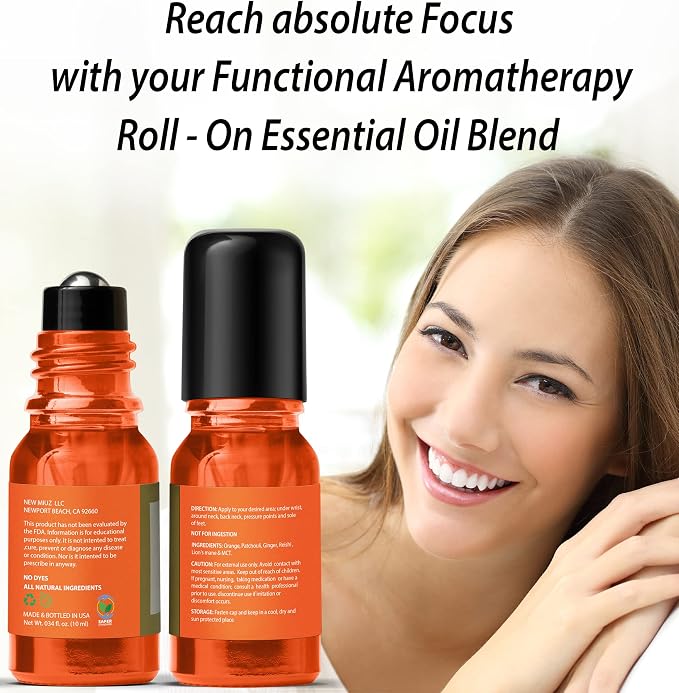 Focus Roll On Essential Oil Concentration Memory Attention Orange Ginger Patchouli Functional Aromatherapy Stick Self Care Study Gift Stocking Stuffer