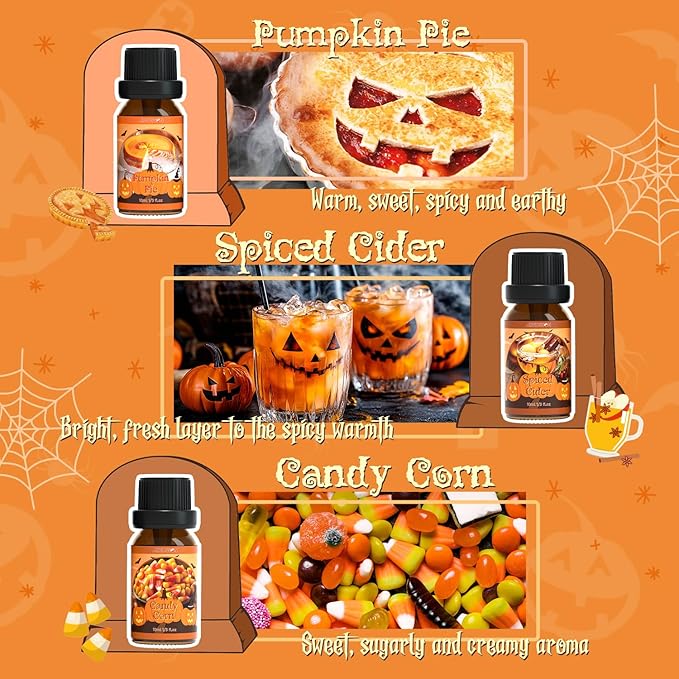 ARVIDSSON Halloween Fragrance Oils Set, Fall Essential Oils for Diffuser - Pumpkin Pie, Spiced Cider, Caramel Apple, Candy Corn, Snickerdoodle, Spooky Spices, Autumn Scented Oil