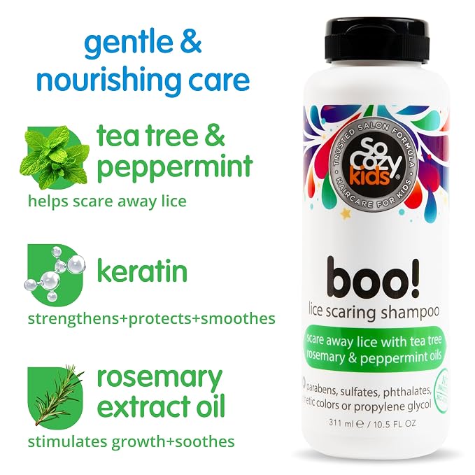 SoCozy Boo! Lice Scaring Shampoo For Kids Hair, Effective Lice Treatment (10.5 Fl Oz) Scare Away Lice with Tea Tree, Rosemary and Peppermint Oils, No Parabens, Sulfates, Synthetic Colors or Dyes