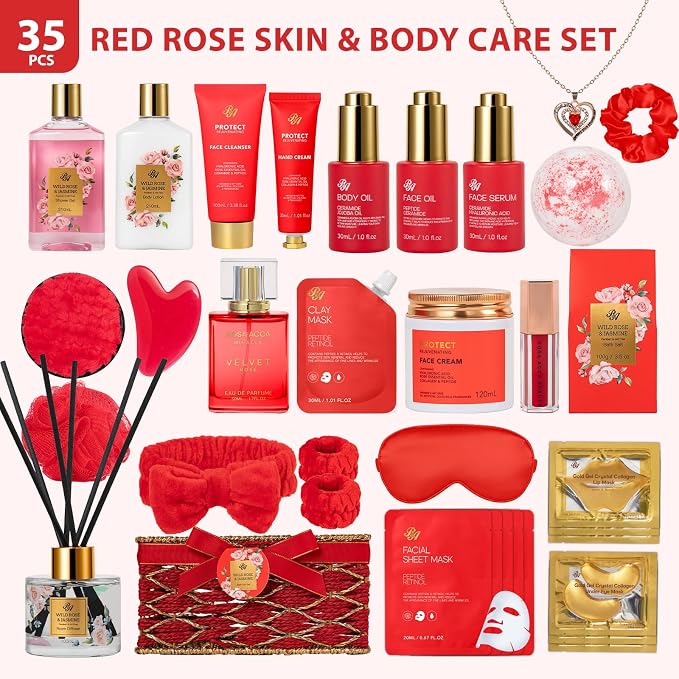 35 Pcs Mothers Day Gifts Baskets for Mom, Red Rose Bath and Body Basket Gift for Women, Face Skin Care Kit, Home Spa Self Care Basket, Diffuser, Necklace, Birthday, Christmas, Anniversary, Wife