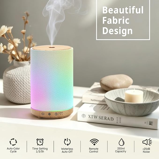 Essential Oil Diffuser 150ml, Fabric Texture Ultrasonic Aromatherapy Diffuser with 1/2/4H Timer, 7 Color Lights, Auto Shut-Off, Ultra-Quiet for Bedroom Home Office (Wood)